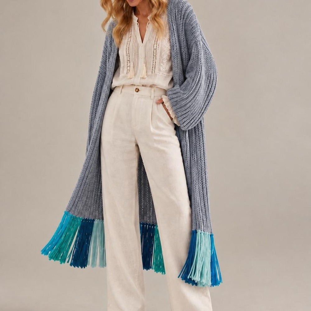 Anthropologie Fringe Duster Cardigan OS Blue Gray Wool Blend